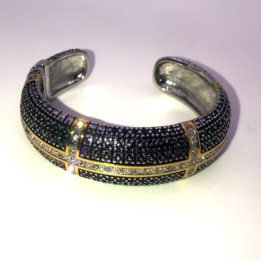 DSMK Stainless Steel & Gold Tone Rhonestone Hinged Cuff 7.2”
